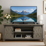 Garvee 66 in Farmhouse TV Stand with Power Outlets for 75 in TVs, Sliding Barn Door, Large Storage, Light Grey - Light Grey