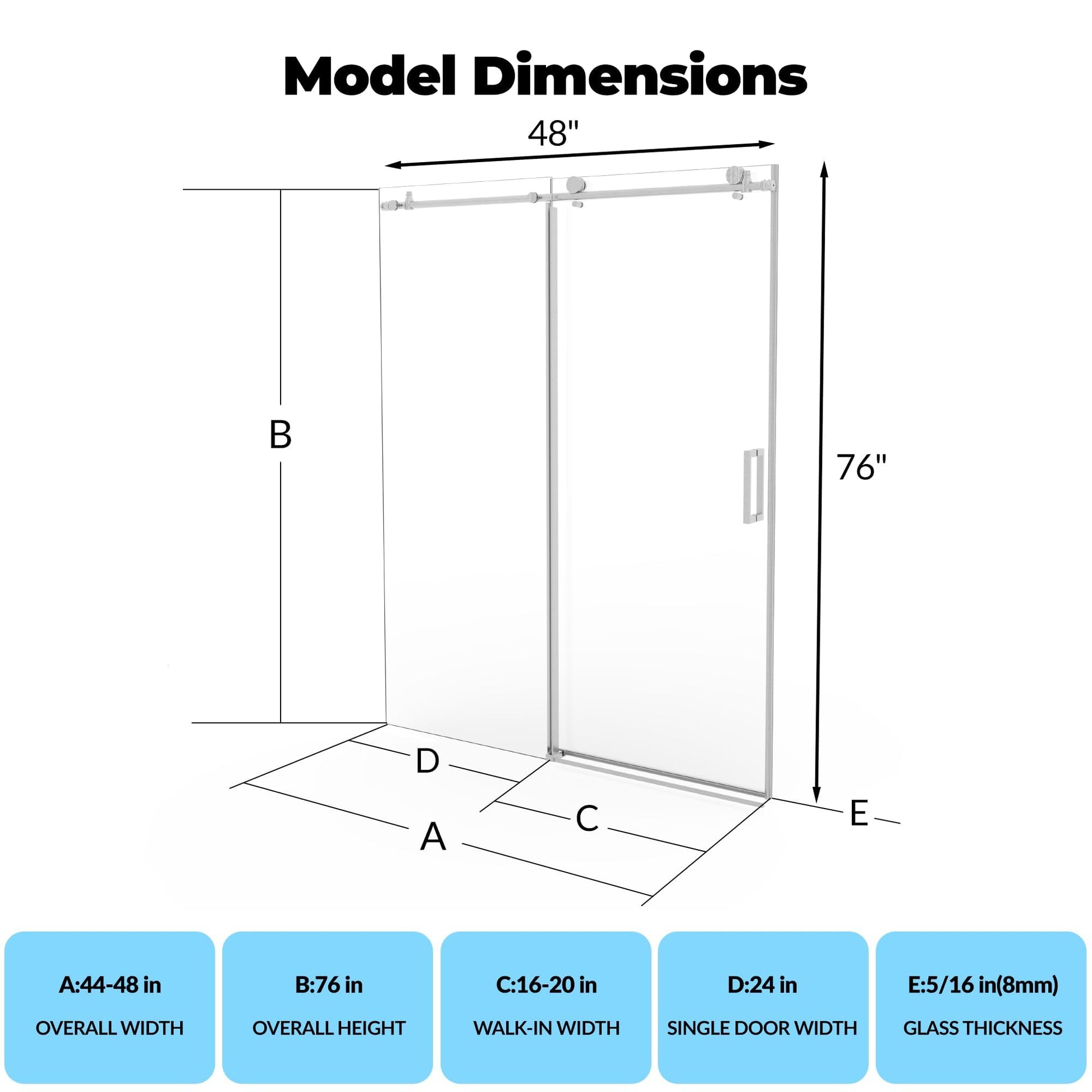 Dimensions du modèle montrant la largeur réglable et la hauteur de 76 pouces