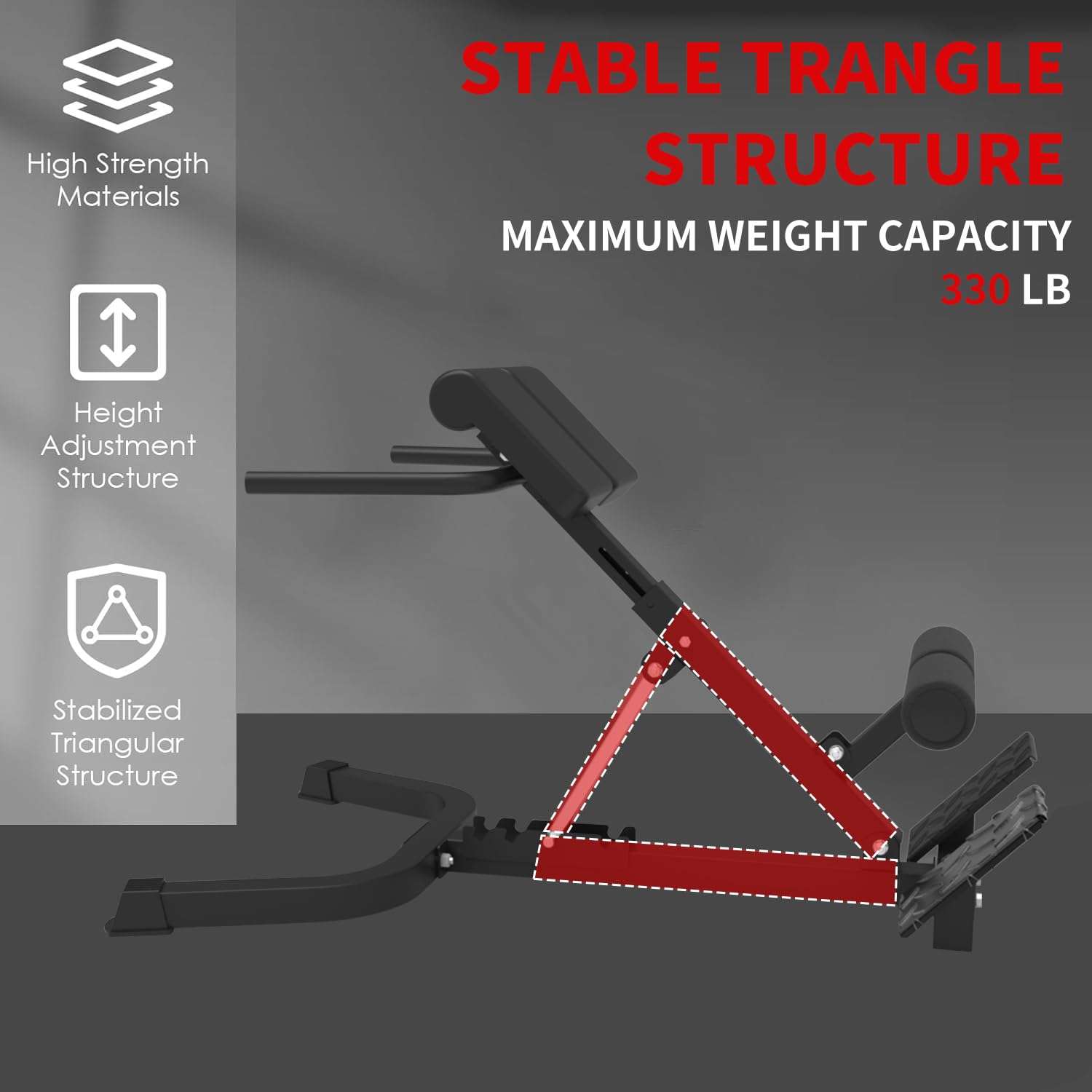 Stable triangle structure with high-strength materials and height adjustment support