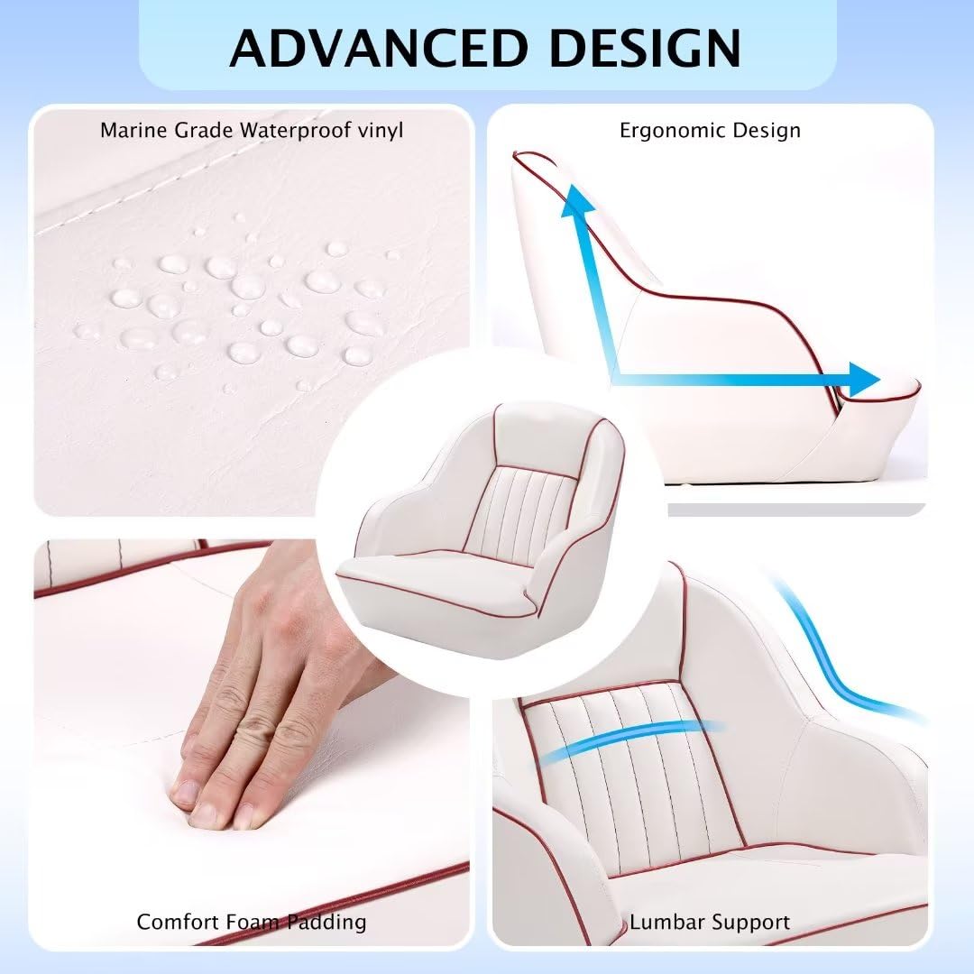 white and red captain boat seat advanced vinyl and ergonomic design details