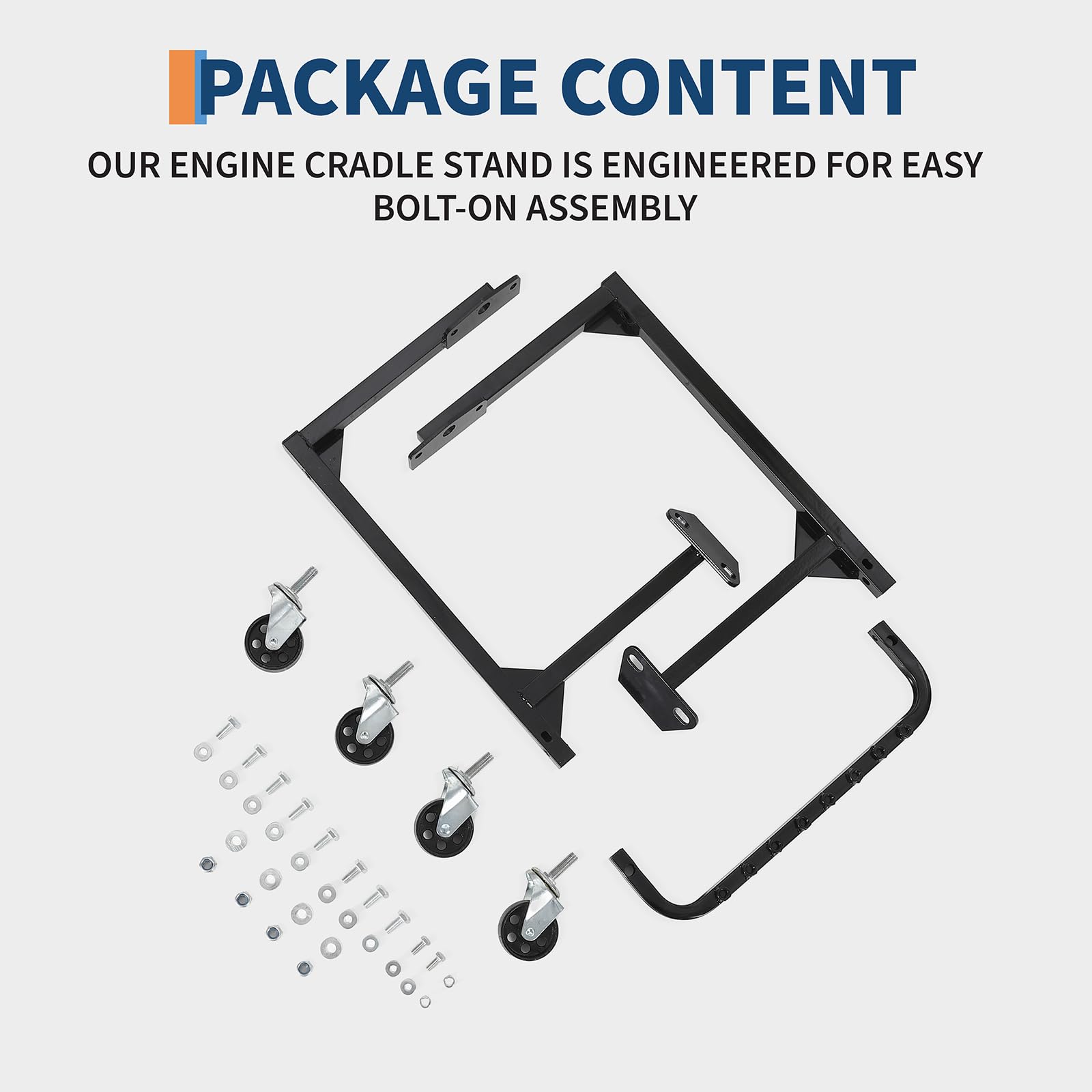 Engine cradle frame sections, four casters, mounting pieces, bolts, washers, and nuts arranged for assembly