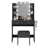 Garvee Makeup Vanity Desk with Mirror and 12 LED Lights, Power Outlet, 2 Drawers, 6 Shelves, Hair Dryer Holder, Stool, Modern Bedroom Dressing Table - Black