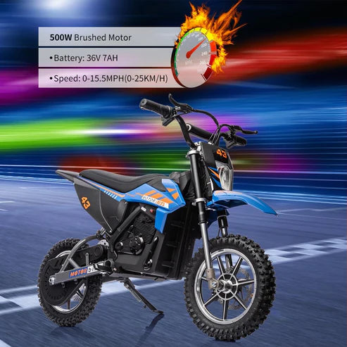 Garvee Ride - T Series: 36V Kids Electric Dirt Bike, 350W/15.5MPH Brushless Motor, LED, Comfortable Leather Seat, 175lbs Max Load Capacity-Blue