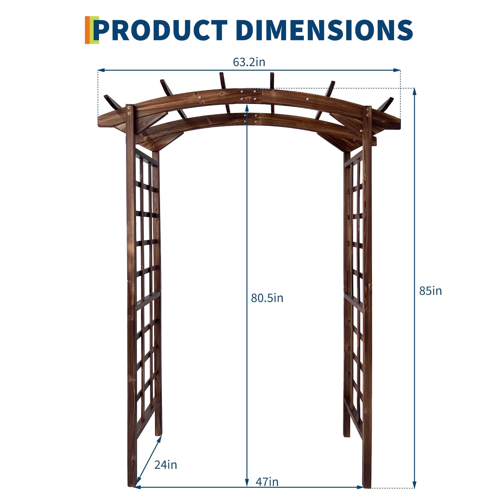 dark brown arched top garden arbor dimension diagram with overall width, passage width, depth, and height