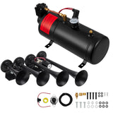 Garvee 4 Trumpets Train Horns Kit, 150 DB Truck Air Horn Kit with 0.8 Gallon Tank & 150 PSI Air Compressor, 12V Train Horns for Pickup Trucks, Car, Motorcycle, Semi, Jeep, RV, SUV, Van, Boats - Black