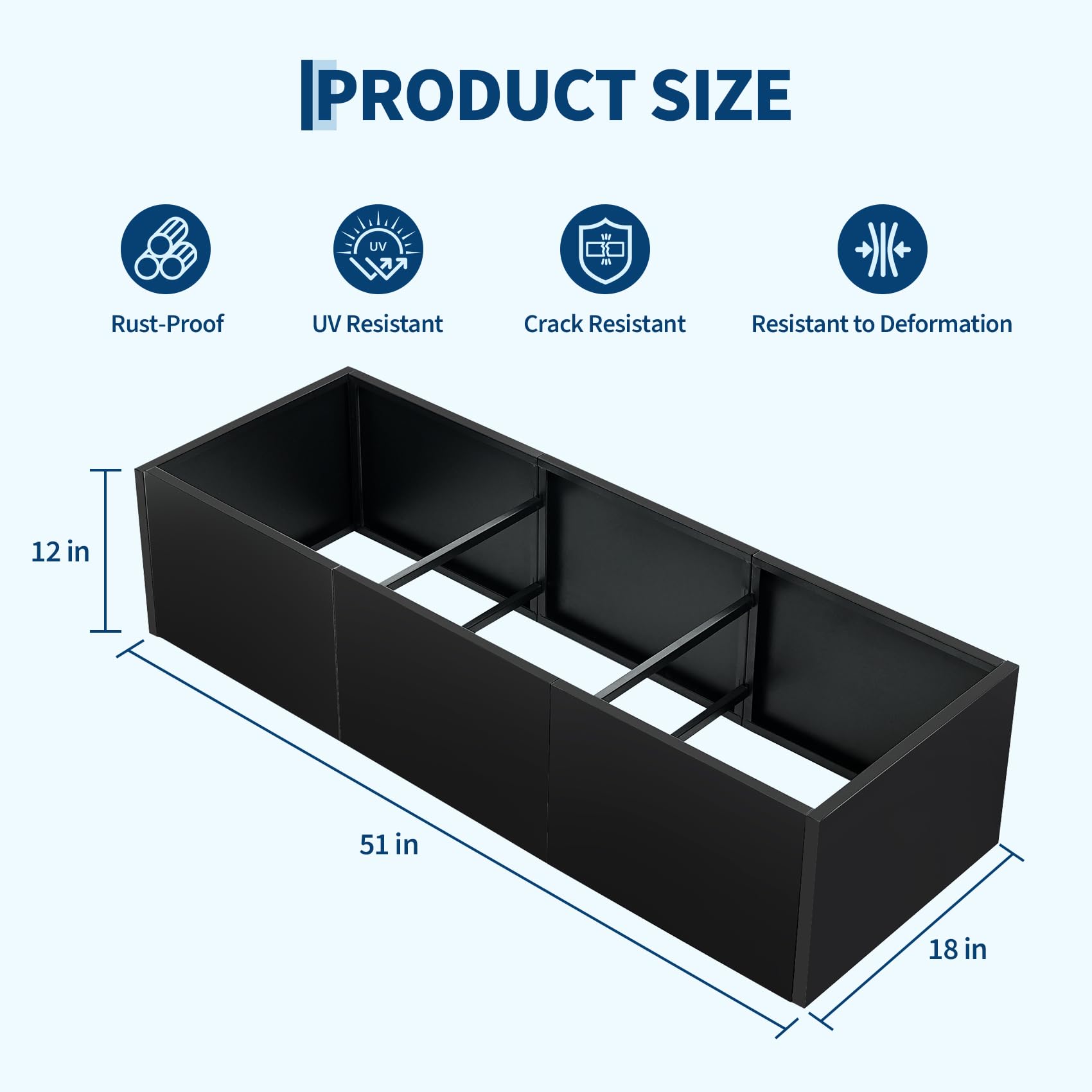 51x18x12 inch planter size and feature overview