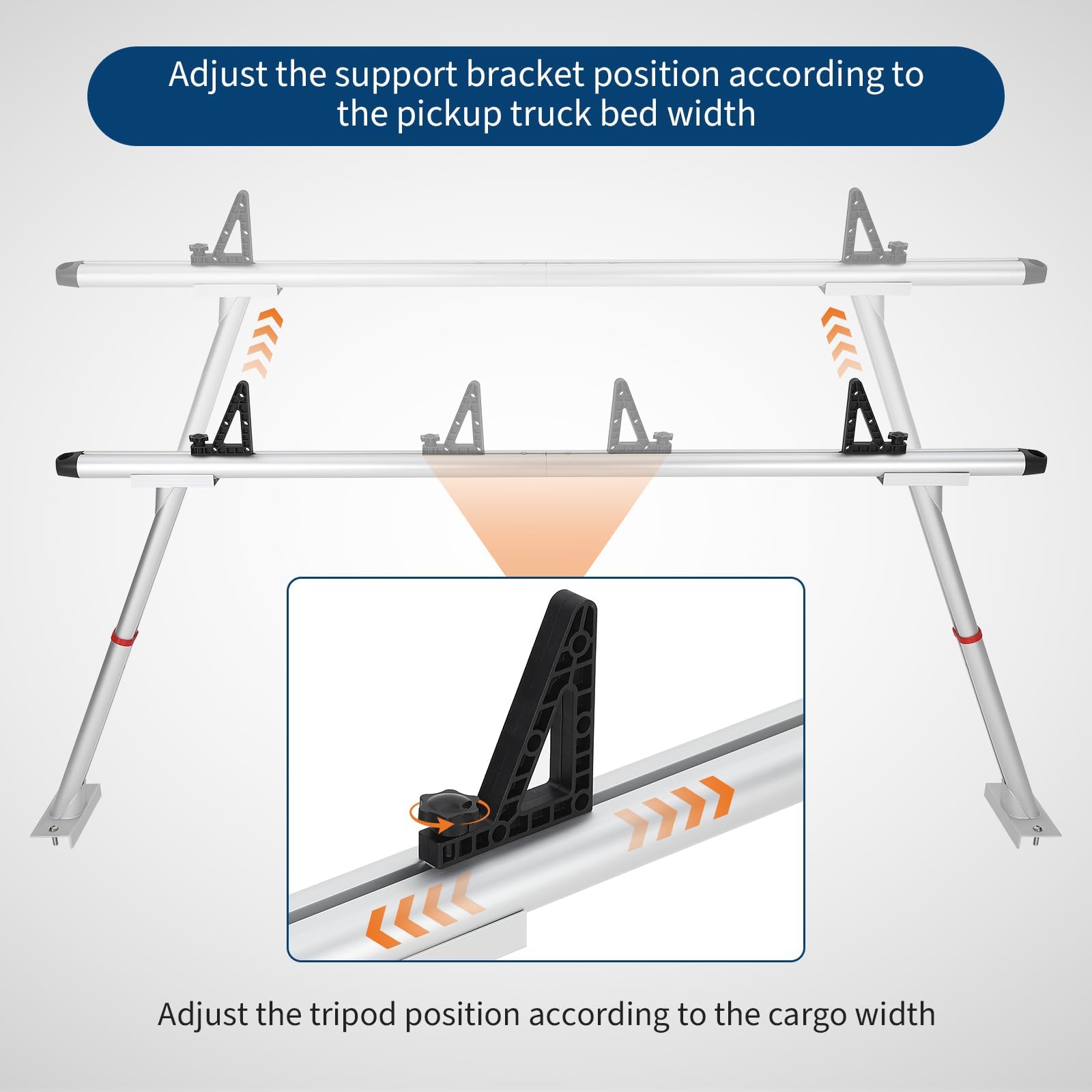 silver truck ladder rack showing adjustable support brackets and movable tie down stops