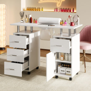 Table de manucure Garvee blanche avec collecteur de particules électriques – 4 tiroirs, placard latéral, roues verrouillables et repose-poignet, bureau à ongles portable pour salon ou mobilier de rangement à domicile, blanc, standard américain