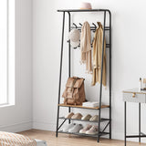 Garvee Coat Rack Shoe Bench with 10 Hooks, Hall Trees Entryway Bench with Storage, Multifunctional Hallway Organizer, Wood Look Accent Furniture with Metal Frame for Entryway, Living Room, Bedroom - Rustic Brown & Black