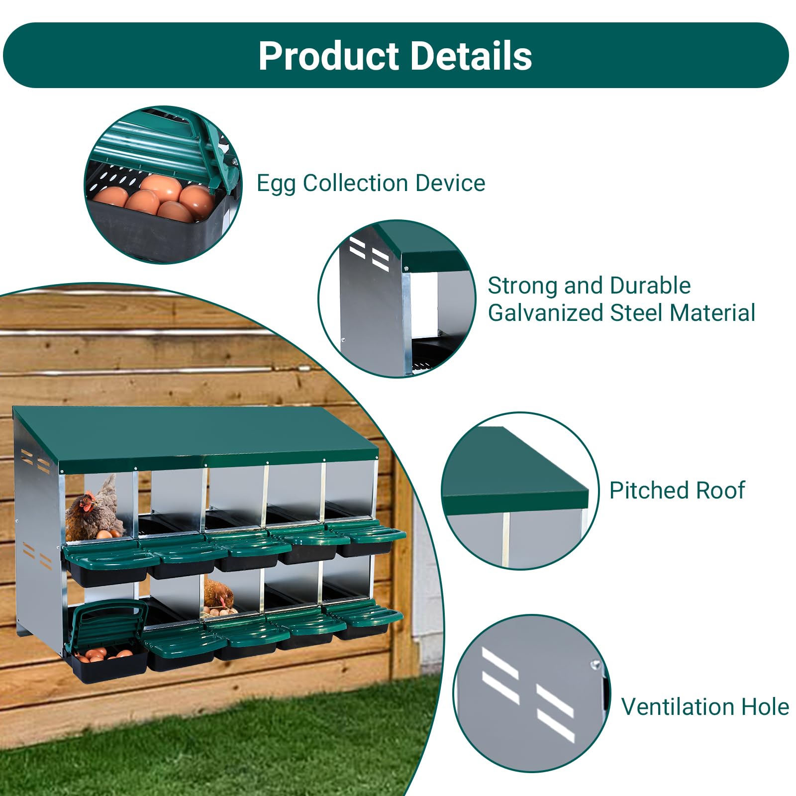 Galvanized steel nesting box with pitched roof and ventilation holes