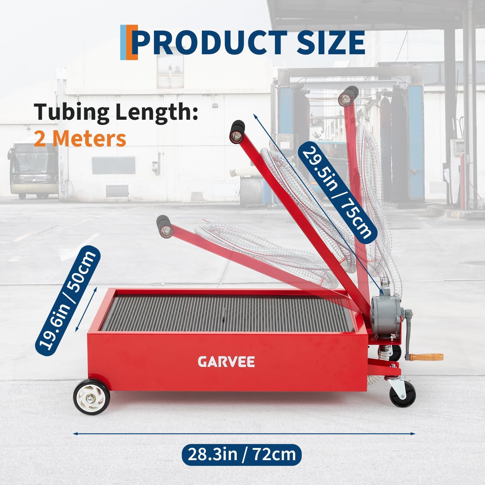 Red low profile 15 gallon oil drain pan with product size and raised handle