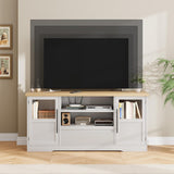 Garvee 72'' Farmhouse TV Stand Wave-Pattern Entertainment Center with Glass-Door Cabinets for Living Room, 63x15.75x30 Inches, Brown - White Cabinet With Natural Wood Top