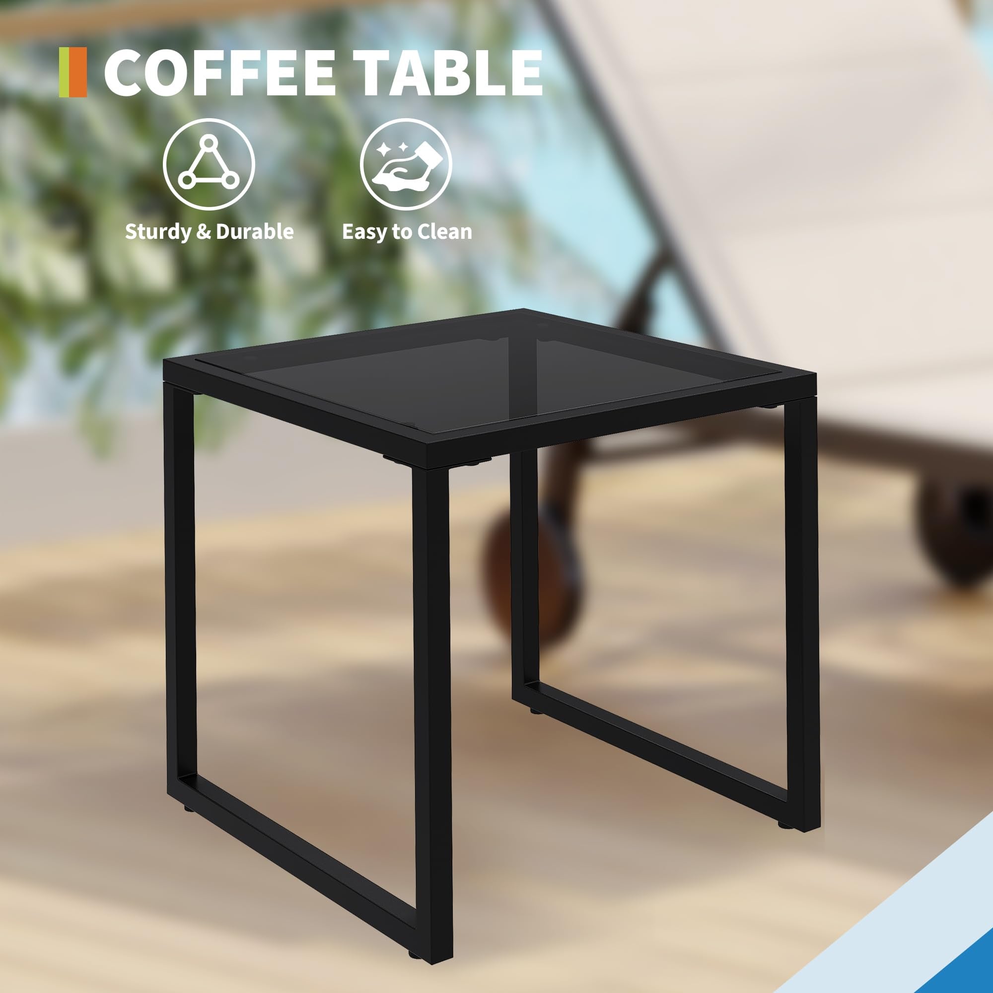 Black rectangular outdoor side table included with the khaki chaise lounge set