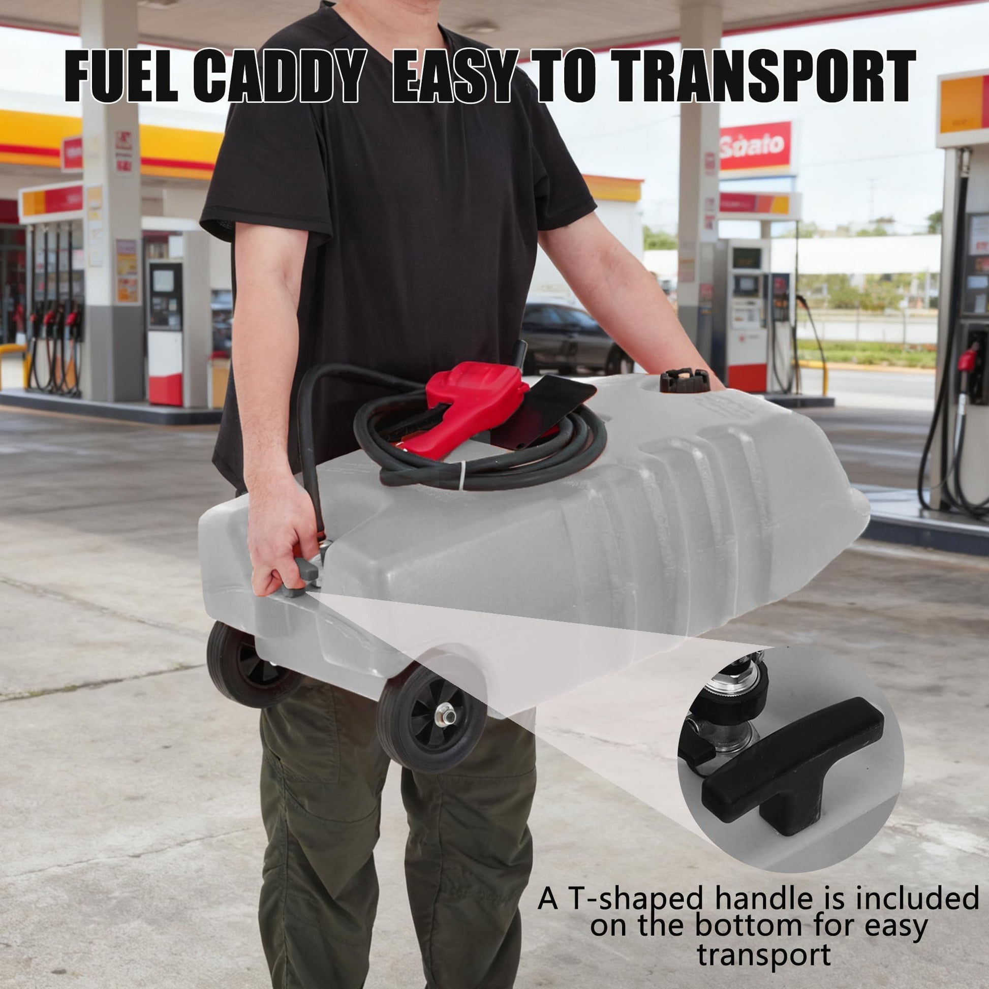 Portable fuel caddy with wheels and handle