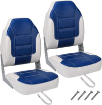 Garvee Lot de 2 sièges de bateau pliants à dossier haut + rembourrage en éponge épaisse + PVC résistant aux intempéries + charnières en aluminium + bleu/blanc + pêche, bateau rapide, canoë