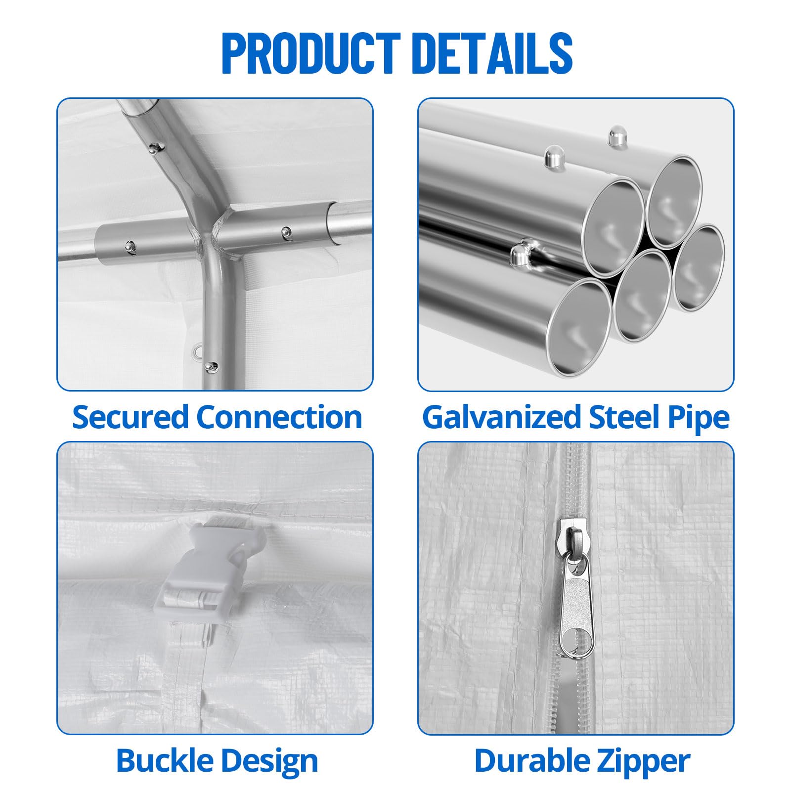 Close up details of secured frame joints, galvanized steel tubing, a buckle fastener, and a zipper closure