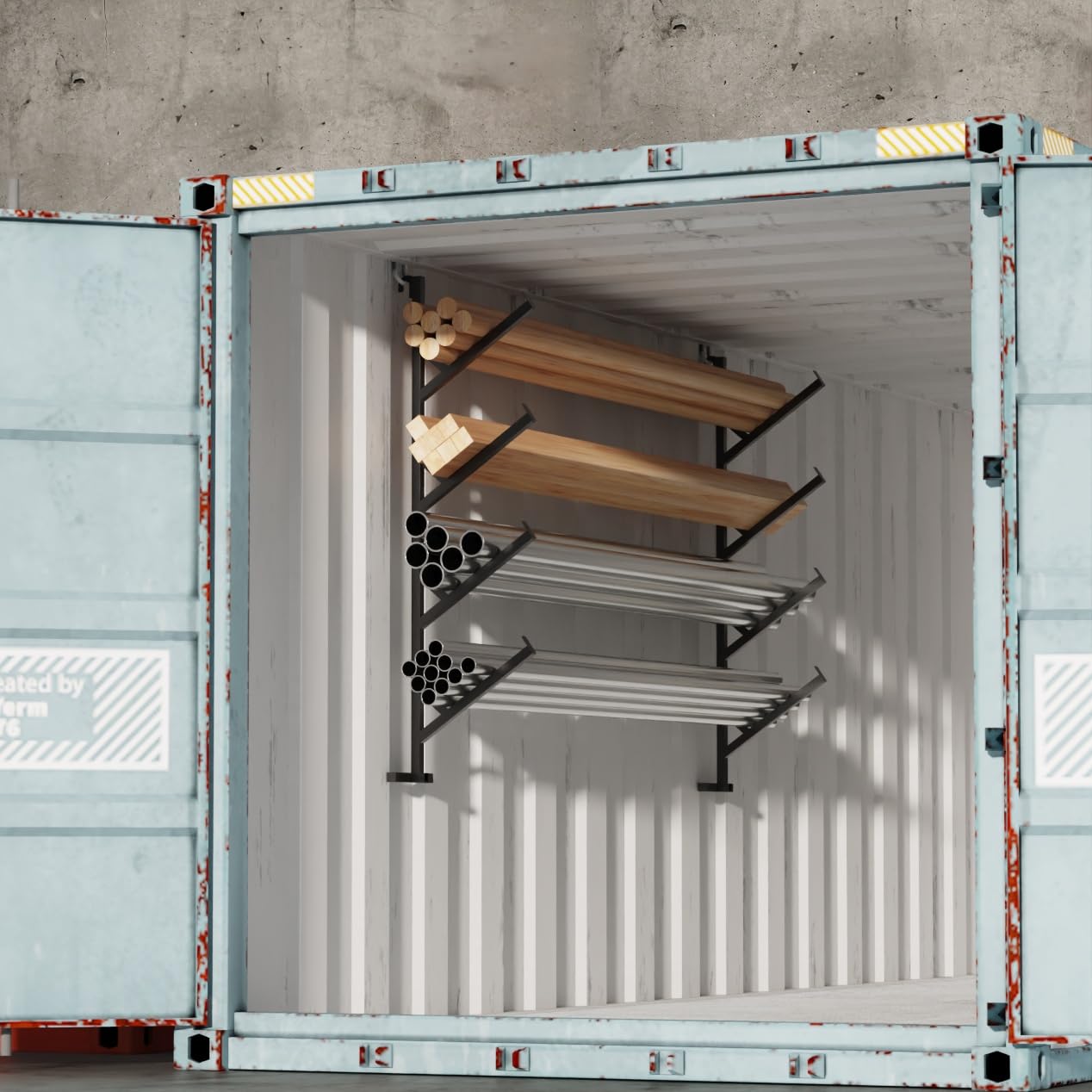 Vertical rack storage for pipes and lumber in container