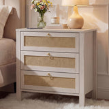 Garvee Large Boho White Nightstand, Rattan Bedside Table with Golden Handle, 3 Drawers Nightstands, Modern Wicker Side Table, Wood Night Stand for Bedroom, Living Room, 1 Pcs