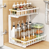Garvee Under Sink Pull-Out Cabinet Organizer with Sliding Drawer, 2-Tier Carbon Steel Storage Shelf for Bathroom and Kitchen, Adjustable Height, Black - White