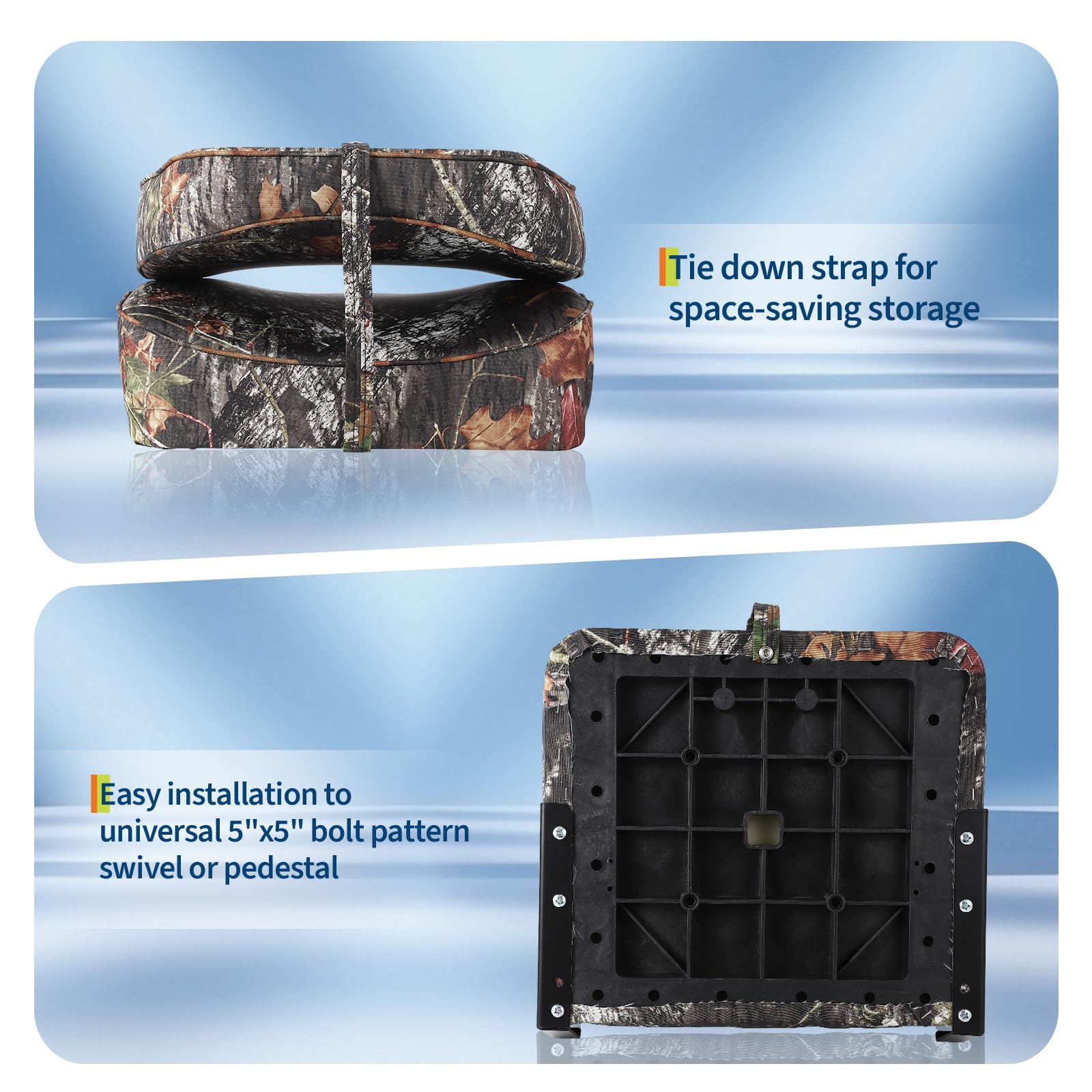 camouflage folded boat seat with tie down strap and 5 inch by 5 inch bolt pattern