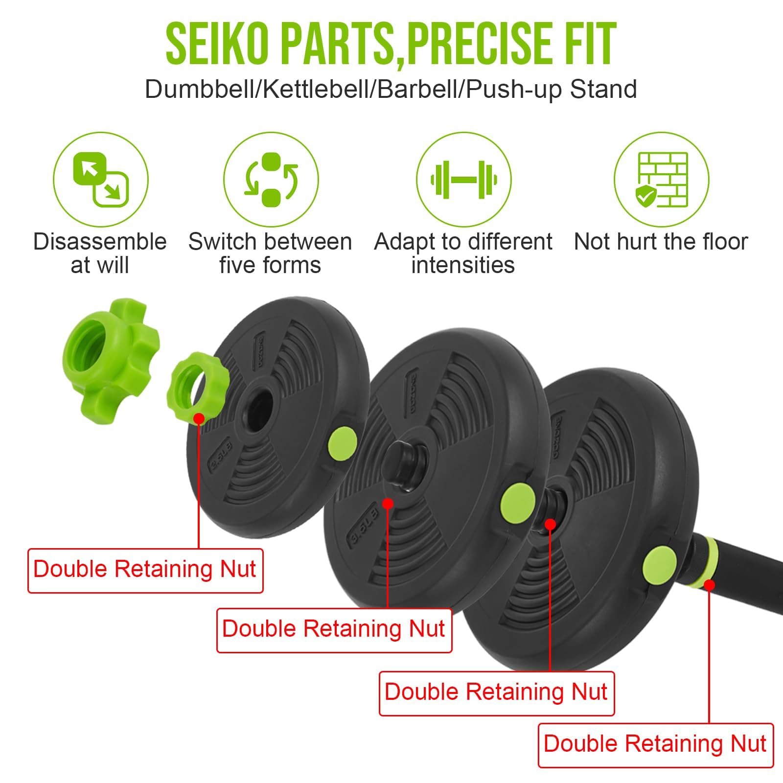 PE weight plates with double retaining nuts and floor-safe design