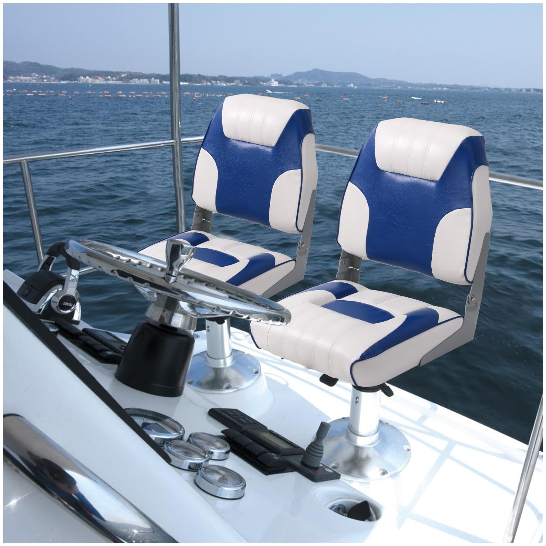 royal blue and white low back boat seats installed on a boat deck