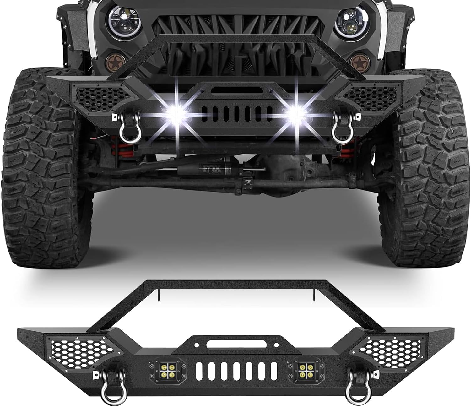 Winch-ready front bumper with D-rings and LED pods