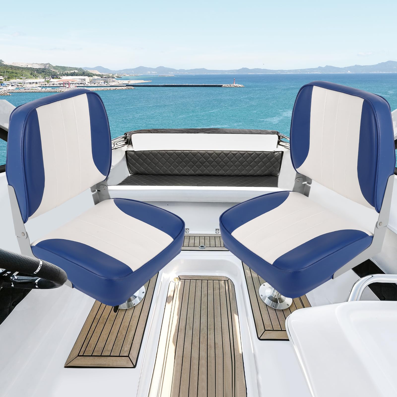 blue and white low back boat seats installed on a boat deck