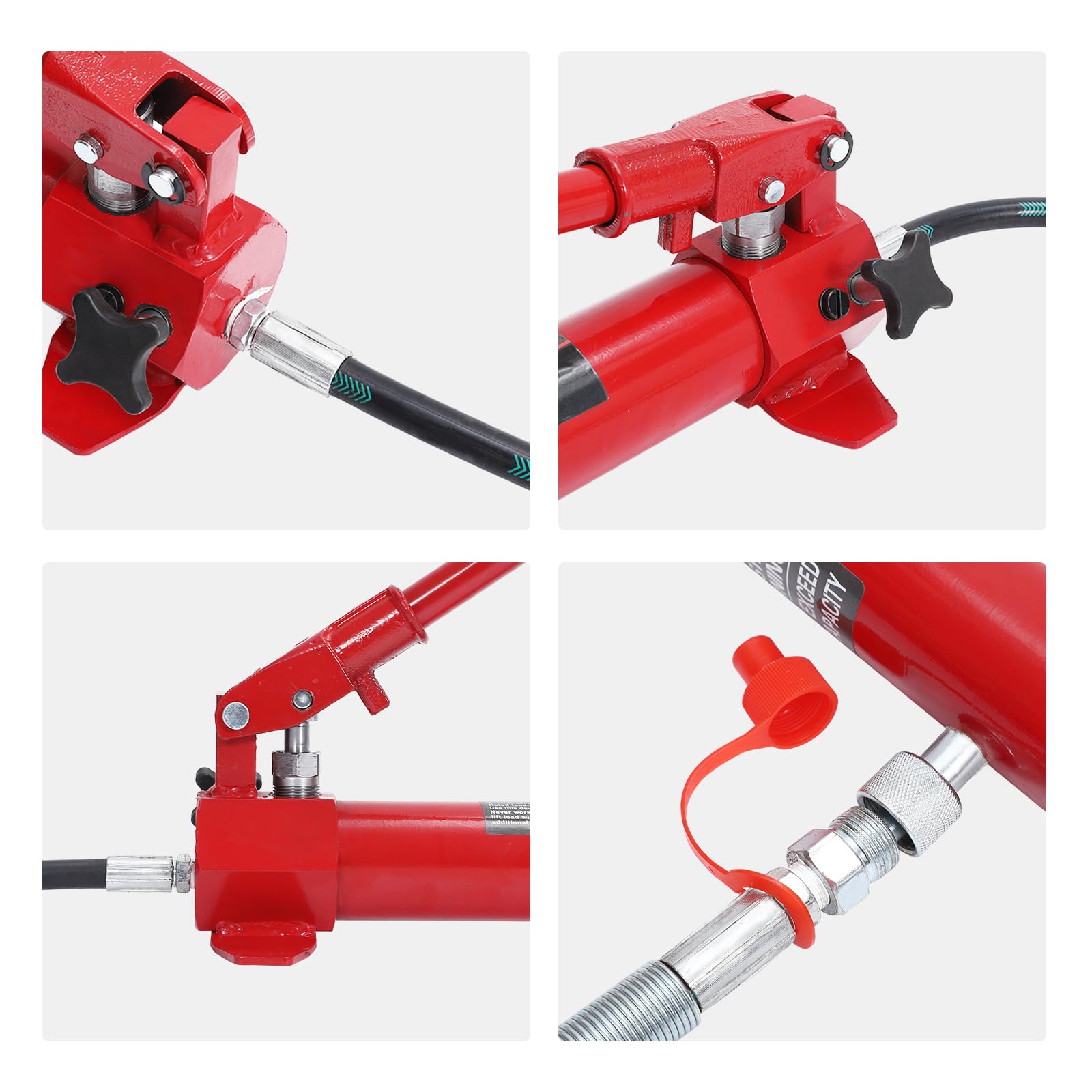 Close view of reinforced hose connections on a red hydraulic porta power system