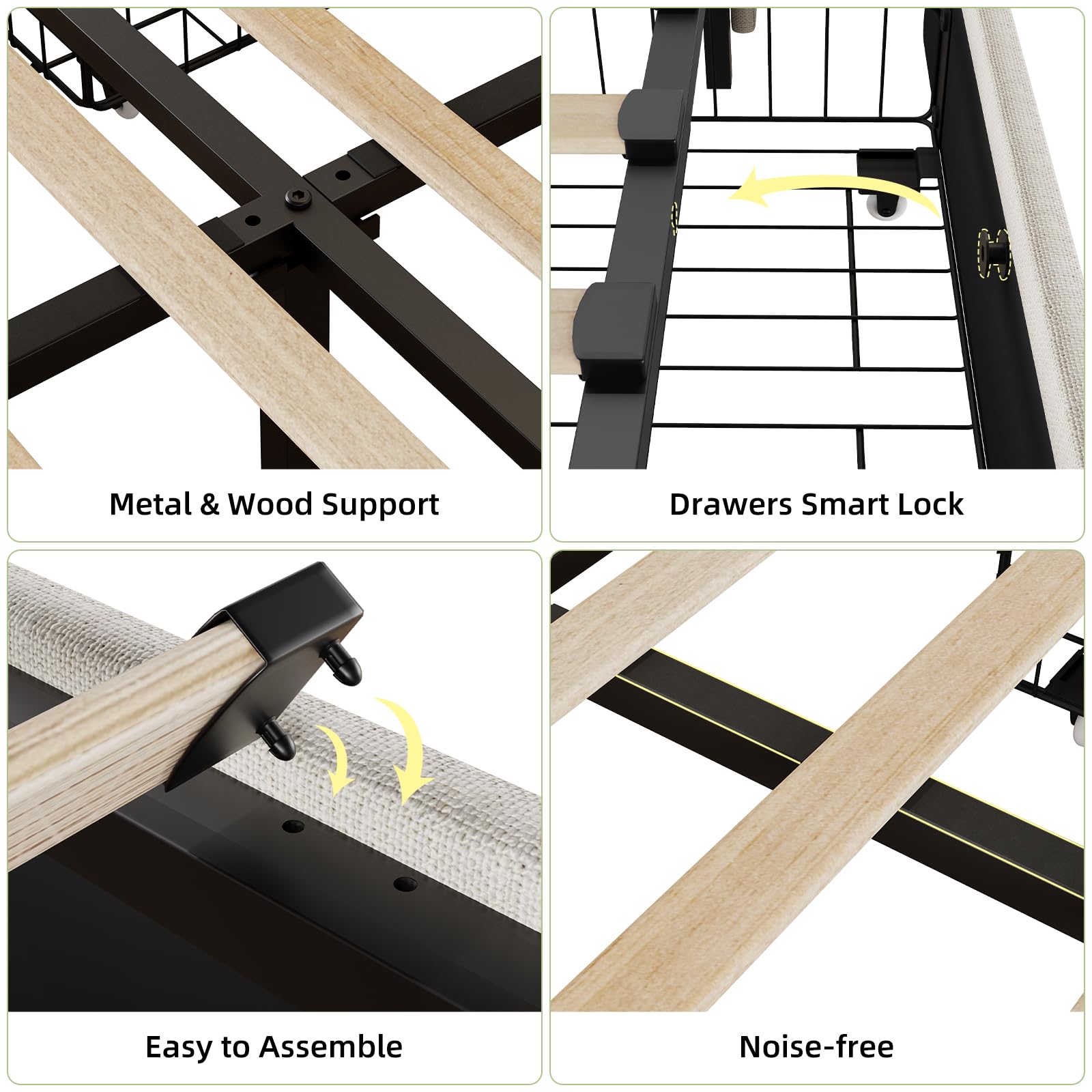 Metal and wood support structure with noise-free design and drawer lock