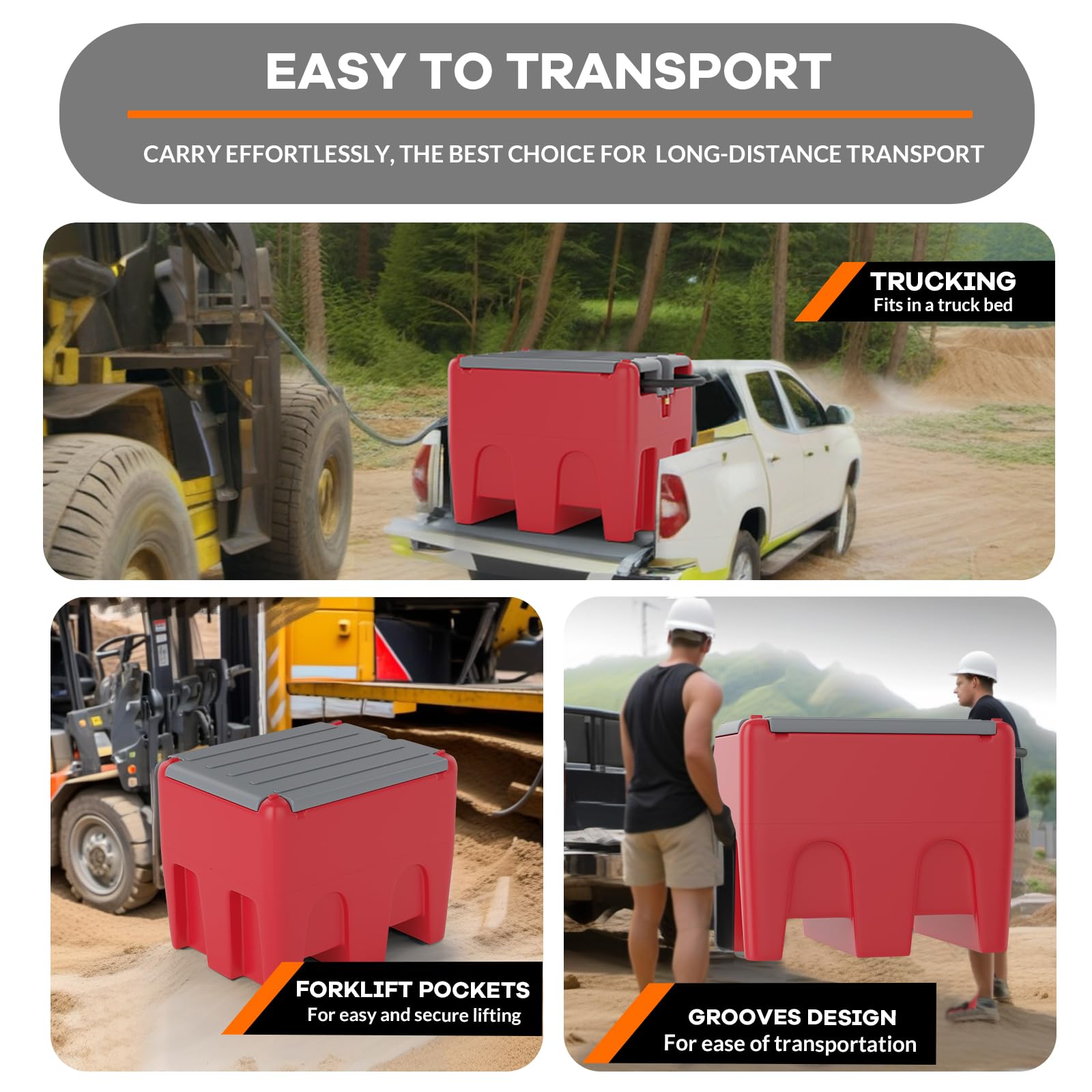 Red portable fuel tank shown in truck bed, forklift lifting, and manual handling transport scenarios