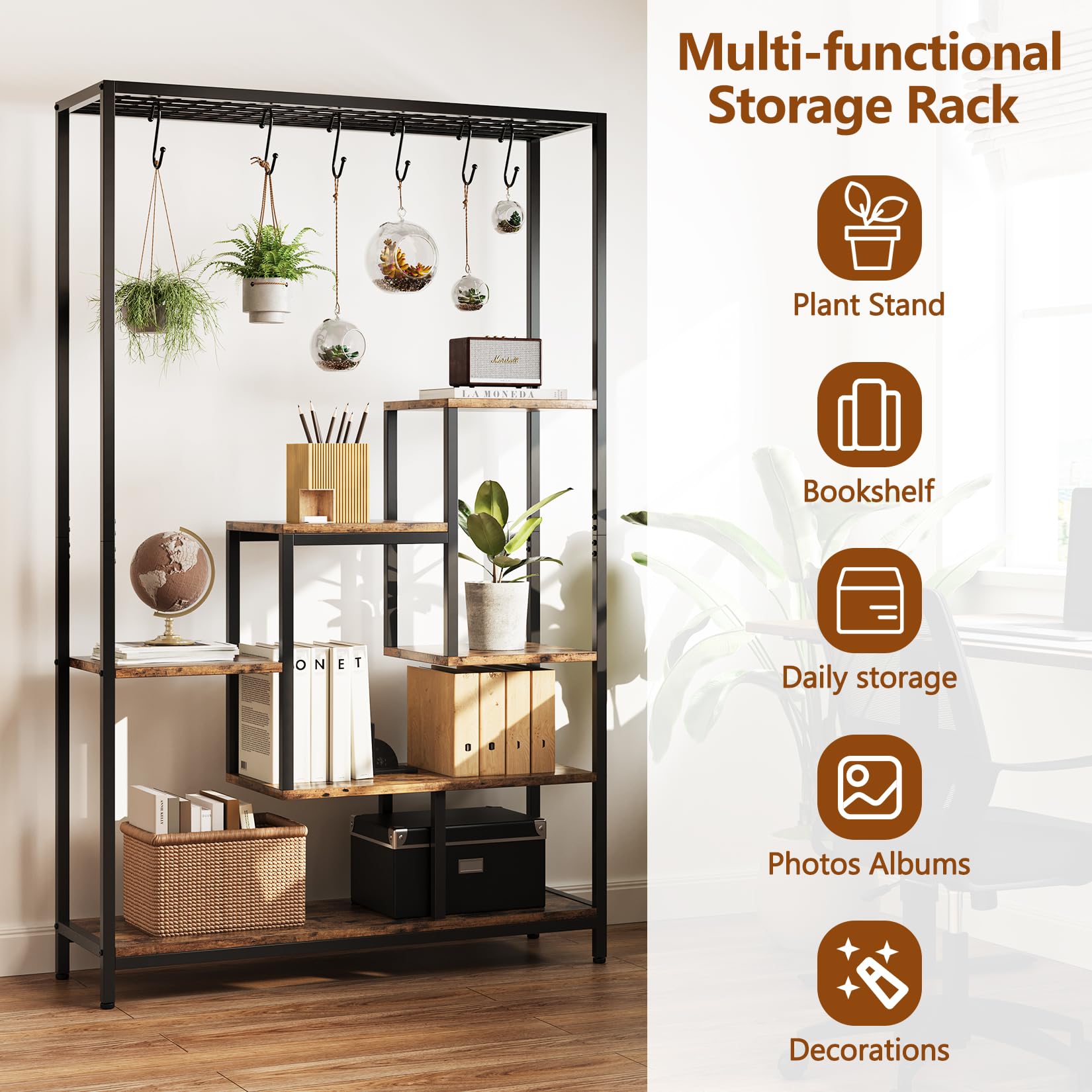 Brown wood grain and black metal multi purpose storage rack styled with books, plants, albums, baskets, and decorations