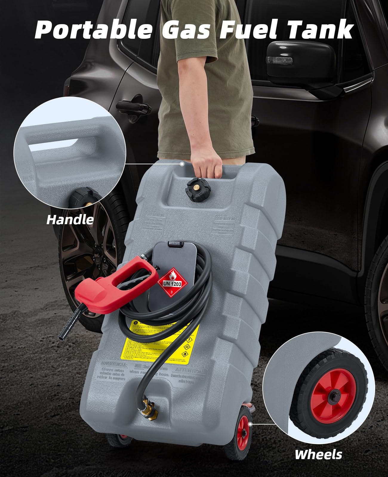 Portable handle and solid wheels for moving the fuel caddy