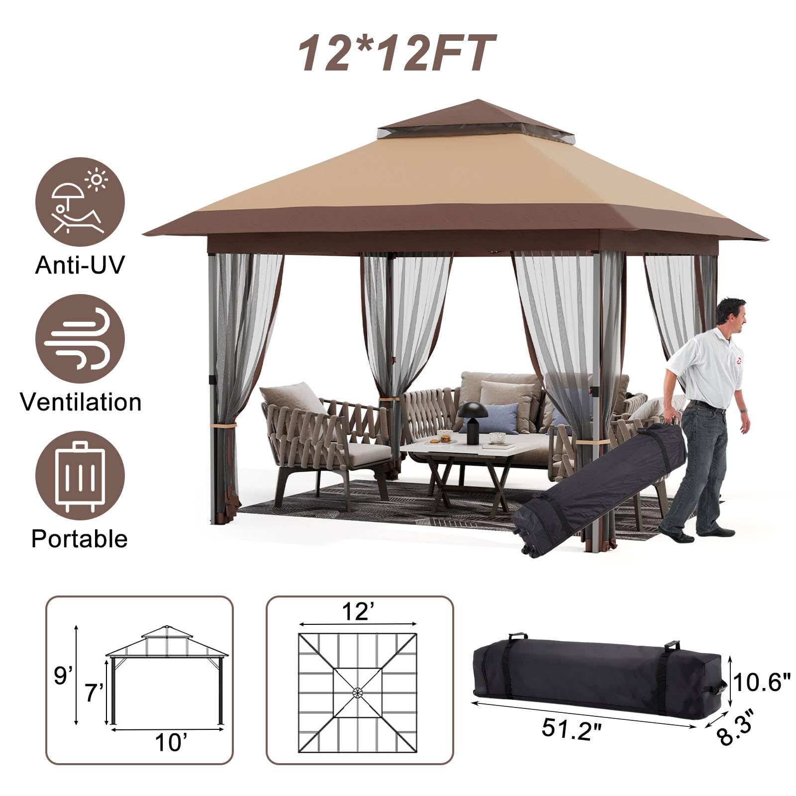 12 by 12 ft softtop gazebo with anti-UV ventilation and portable bag details