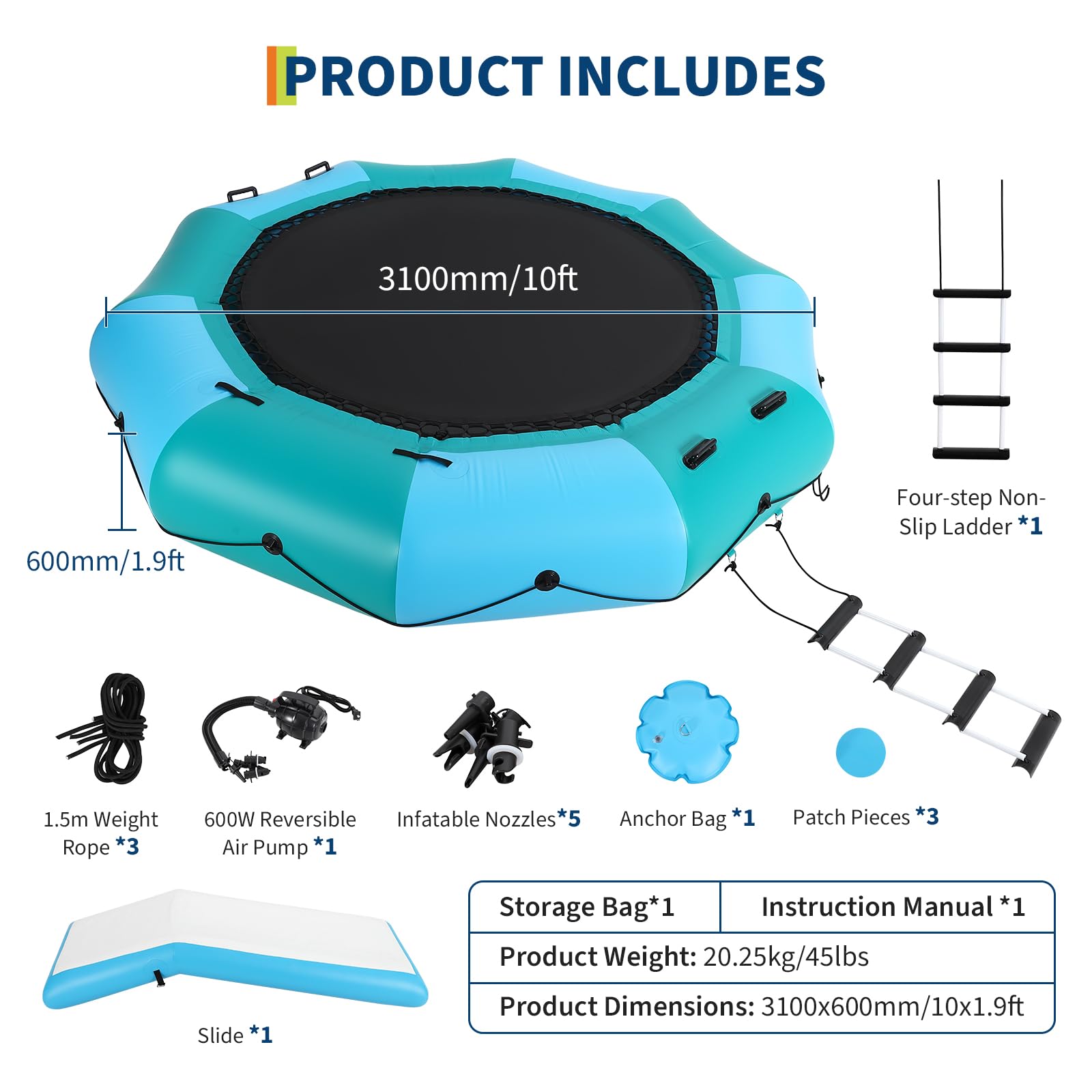 Inflatable water trampoline kit with slide ladder pump and accessories