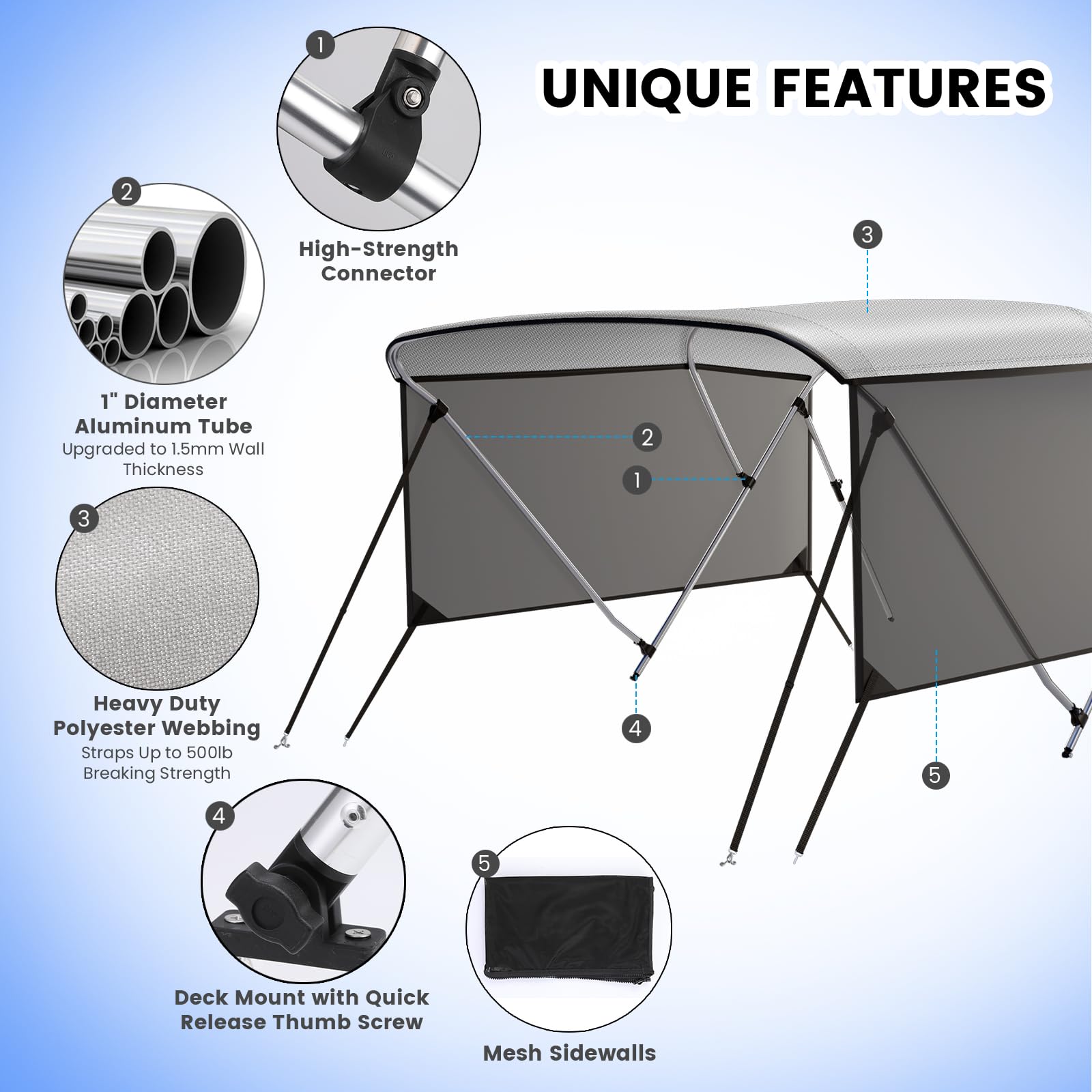 aluminum alloy boat bimini top frame and mounting hardware details
