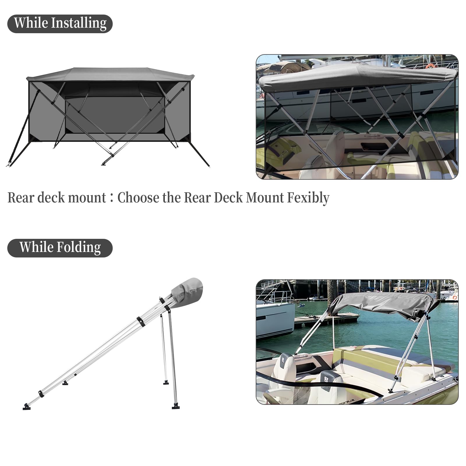 Grey bimini top shown during rear deck installation and folded back for storage