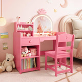 Garvee Kids Vanity Table & Chair Set with Magical Crown-Shaped LED Mirror, White Makeup Desk with Drawer & Shelves for Girls' Room - Pink