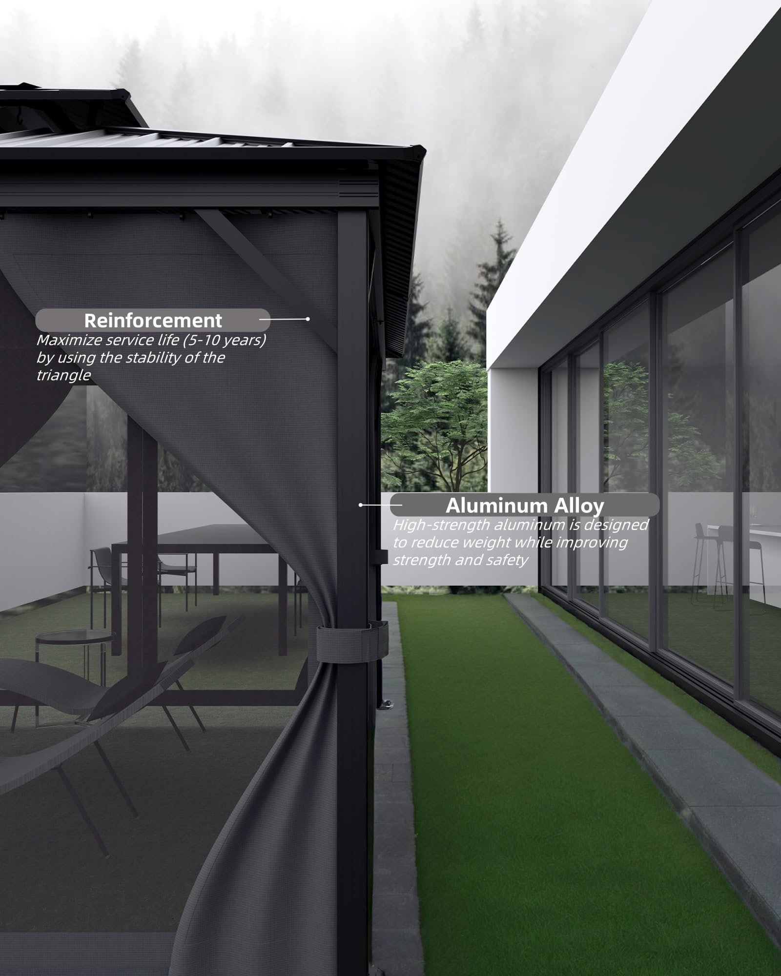 Garvee gray hardtop gazebo reinforced structure and aluminum alloy frame detail