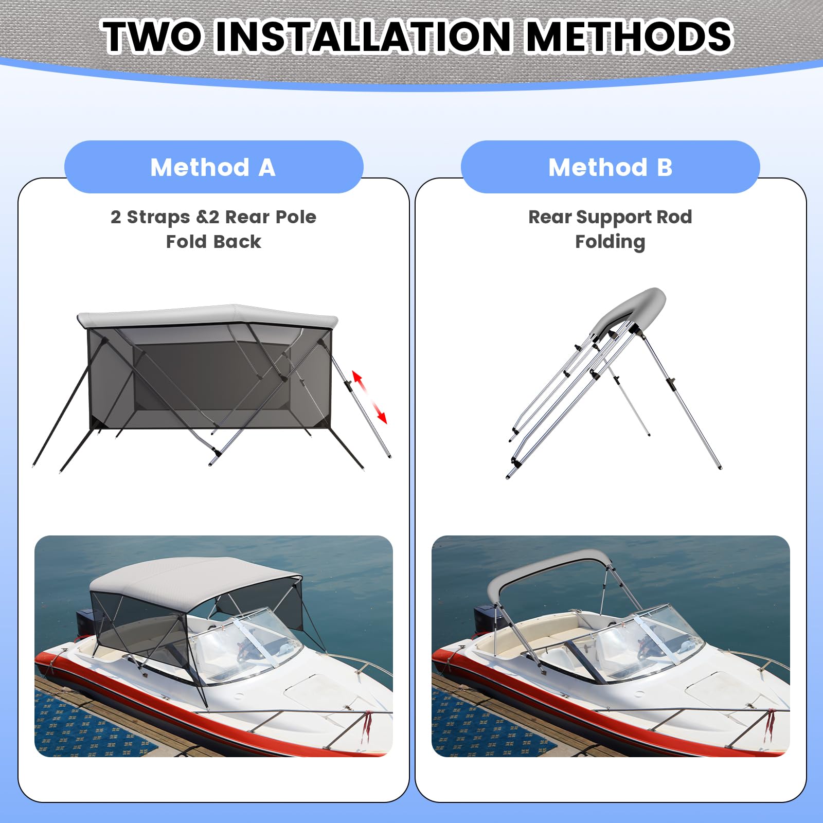 boat bimini top installation options with straps and rear support rods