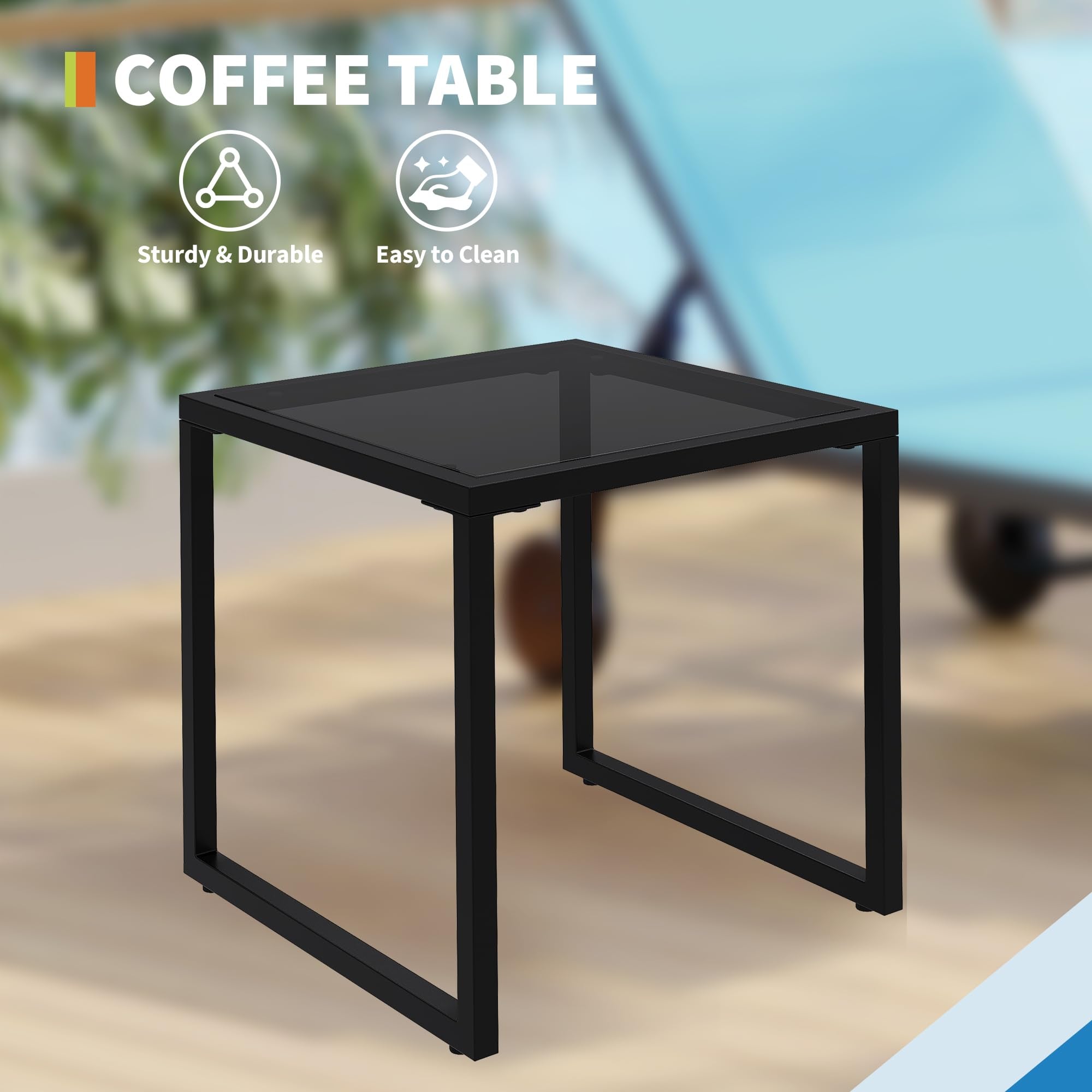 Black rectangular outdoor side table included with the blue chaise lounge set