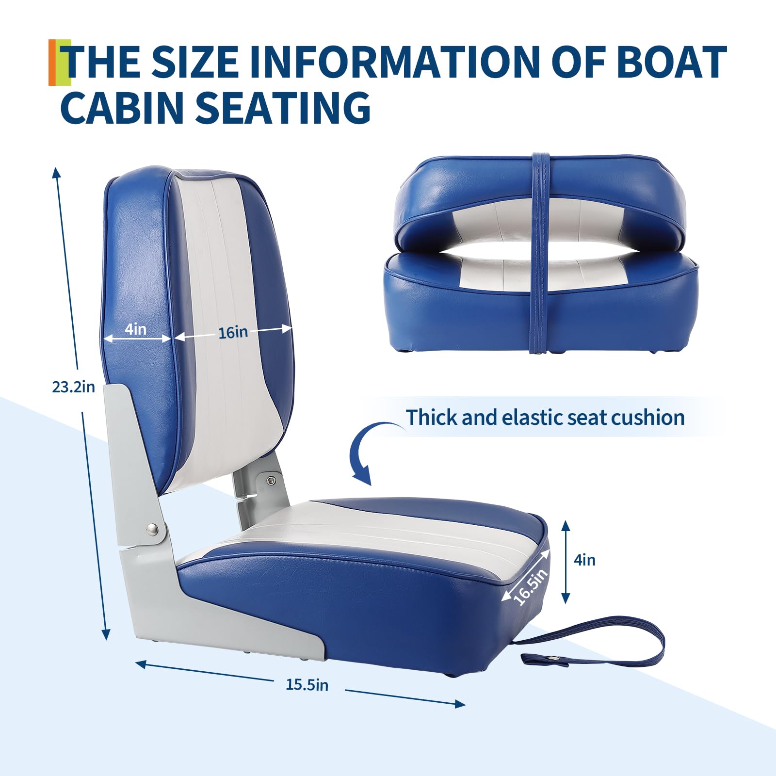 blue and white low back boat seat dimension information with thick cushion detail