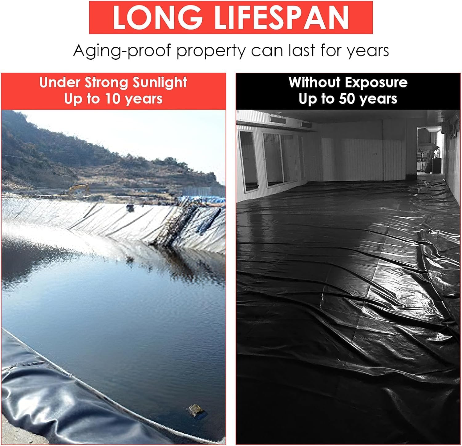 black pond liner illustrating aging resistance under sunlight and protected indoor conditions