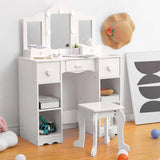 Garvee Kids Vanity, Girls Vanity Table with Mirror, Light,Stool & Drawer, 2 in 1 Wooden Princess Makeup Desk Dressing Table, Toddler Vanity,Pretend Play Vanity Set for Kids - White With 9 Storage