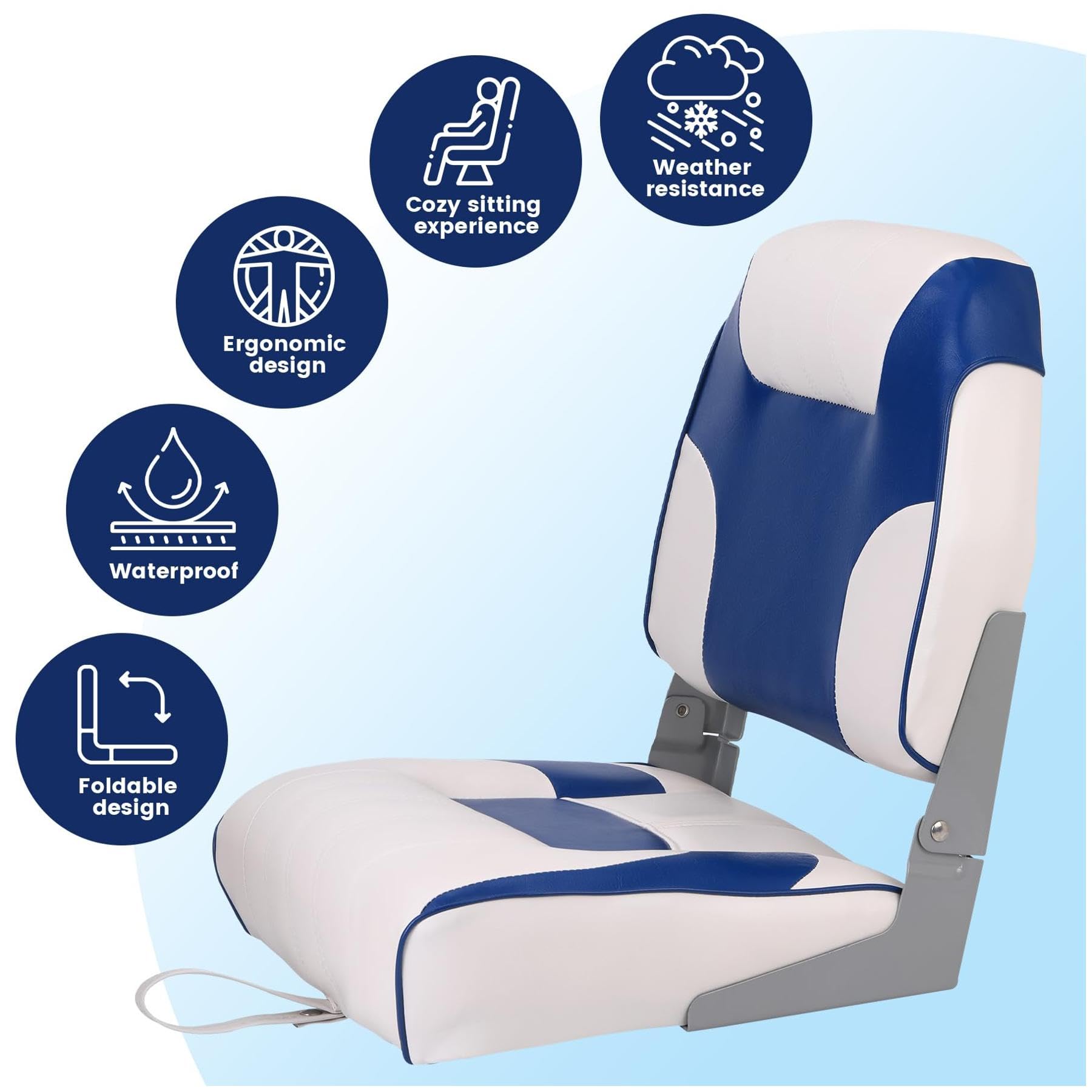 royal blue and white foldable boat seat with waterproof weather resistance and ergonomic icons