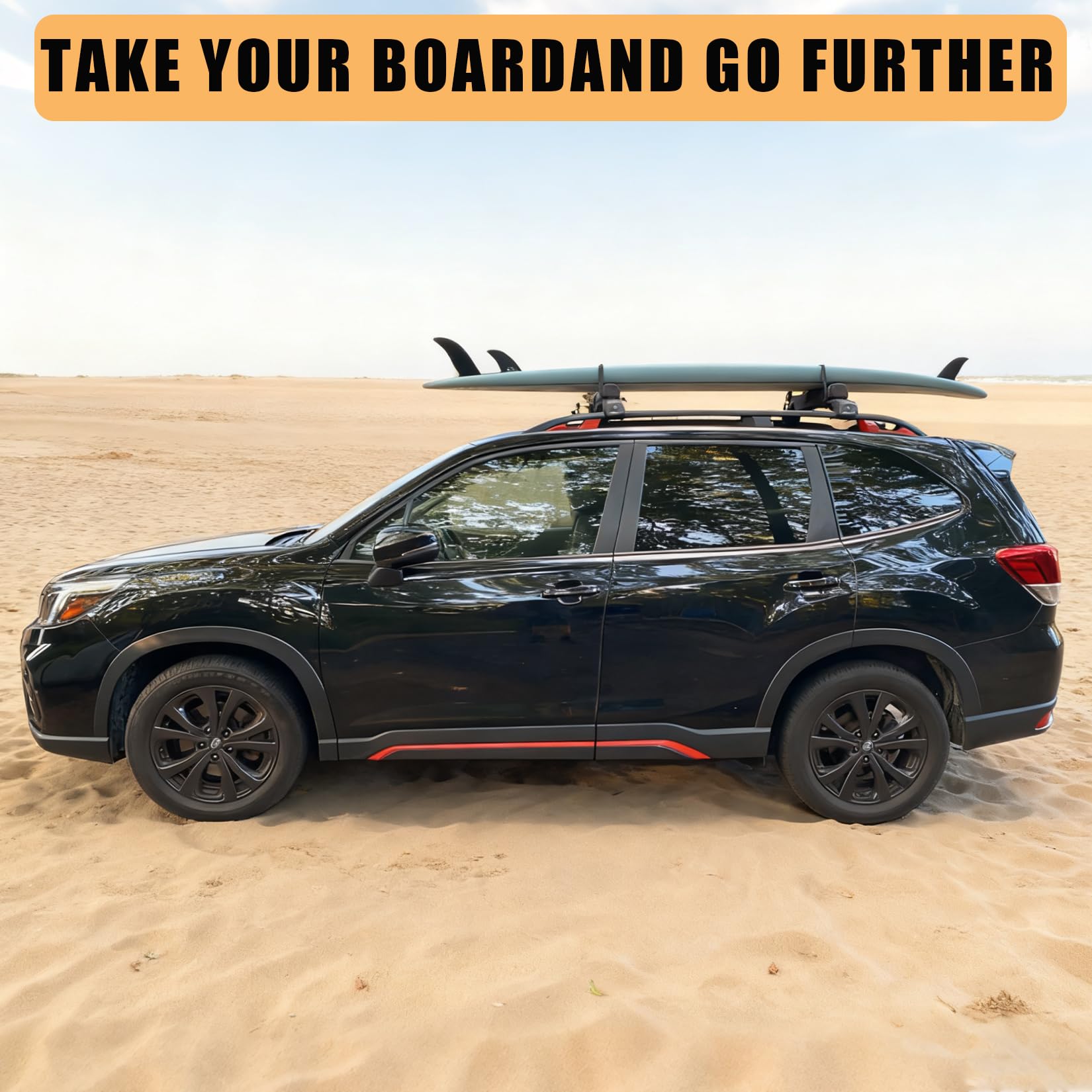 Black SUV carrying a surfboard on padded roof rack crossbars near a beach