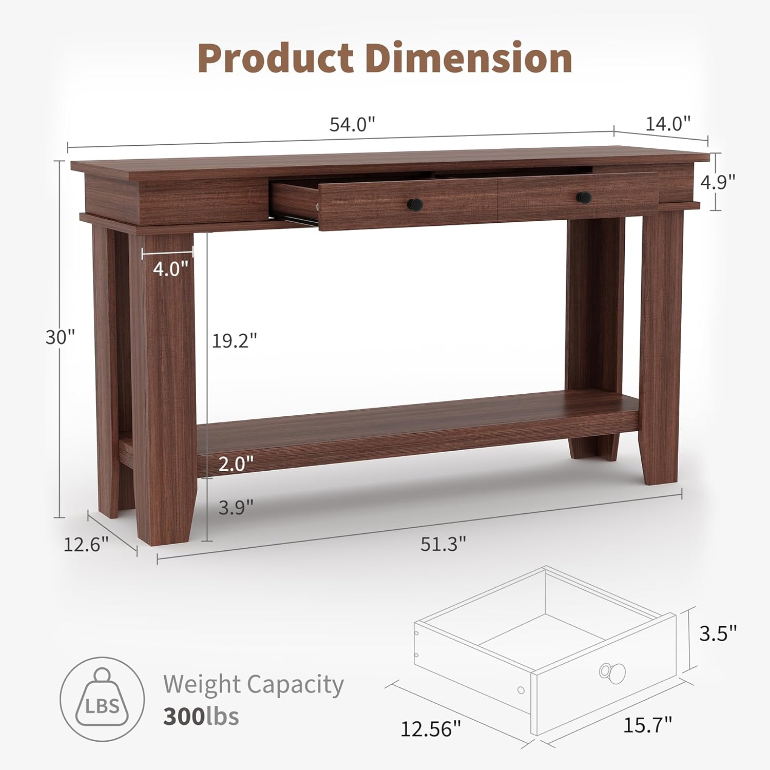 Console table dimensions with drawer size and 300 lbs capacity