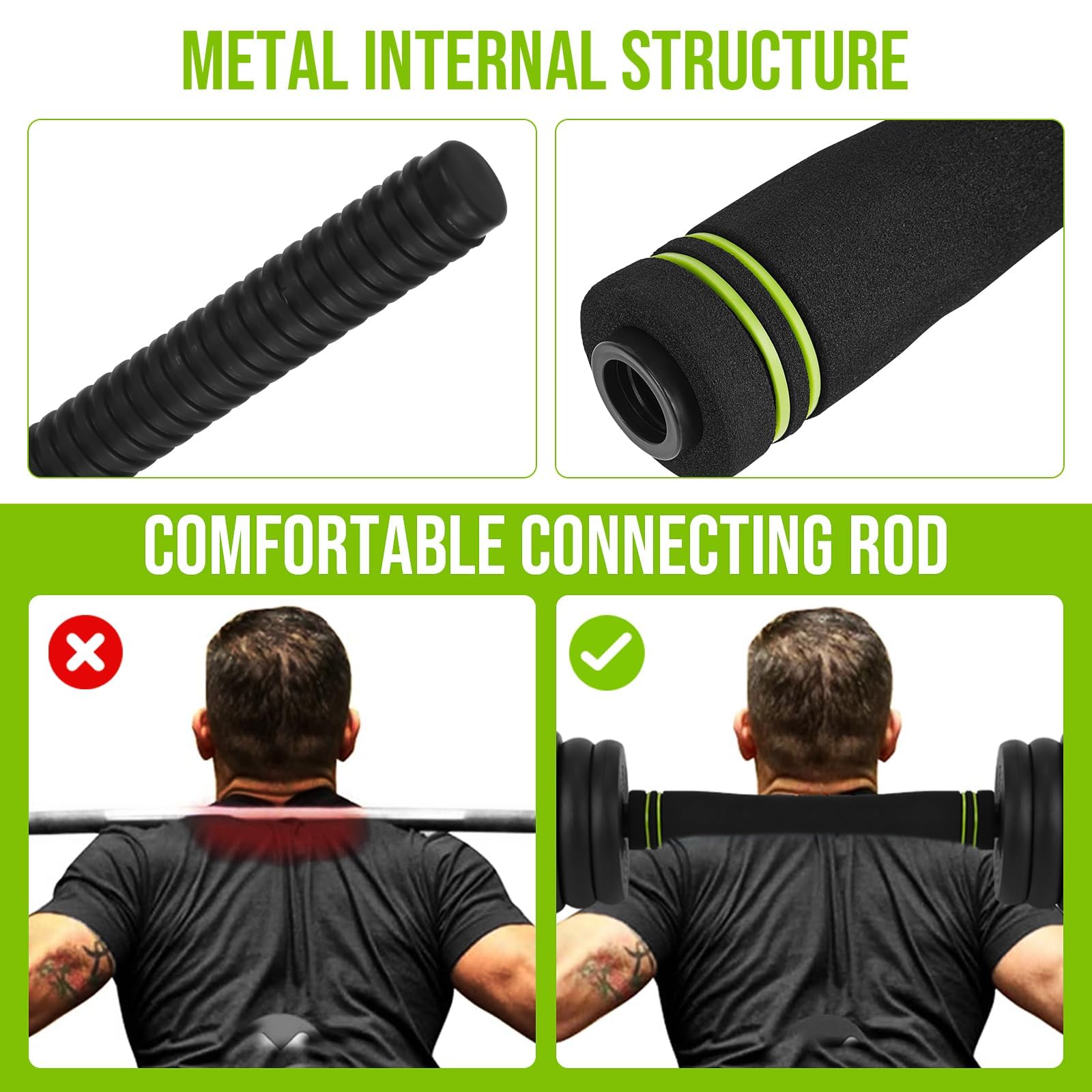 Metal internal structure and foam-covered connecting rod for barbell setup
