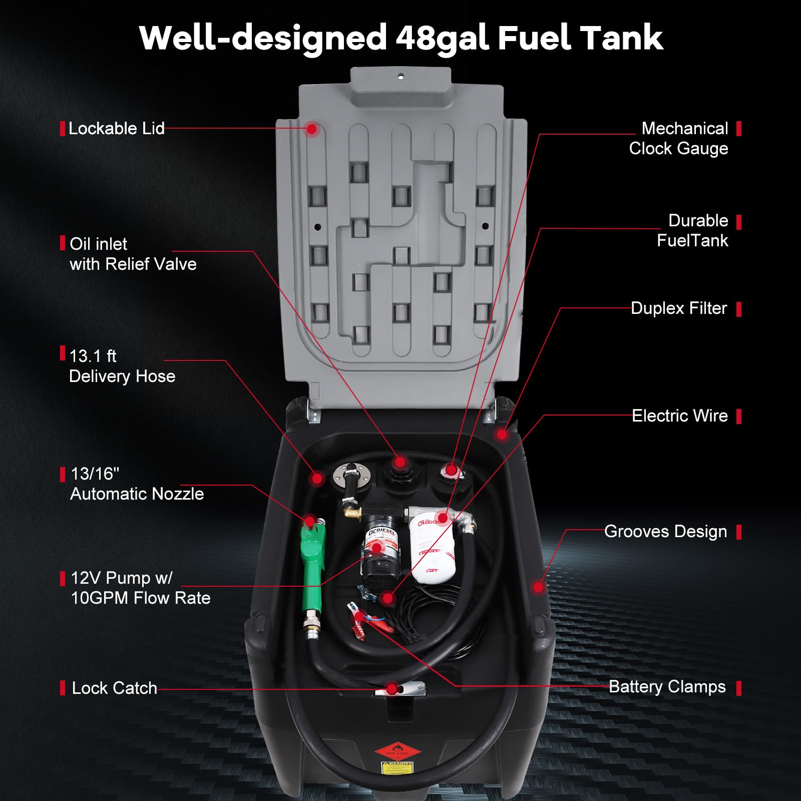 Black 48 gallon diesel fuel tank with open lid showing 12V pump, hose, automatic nozzle, gauge, and filter