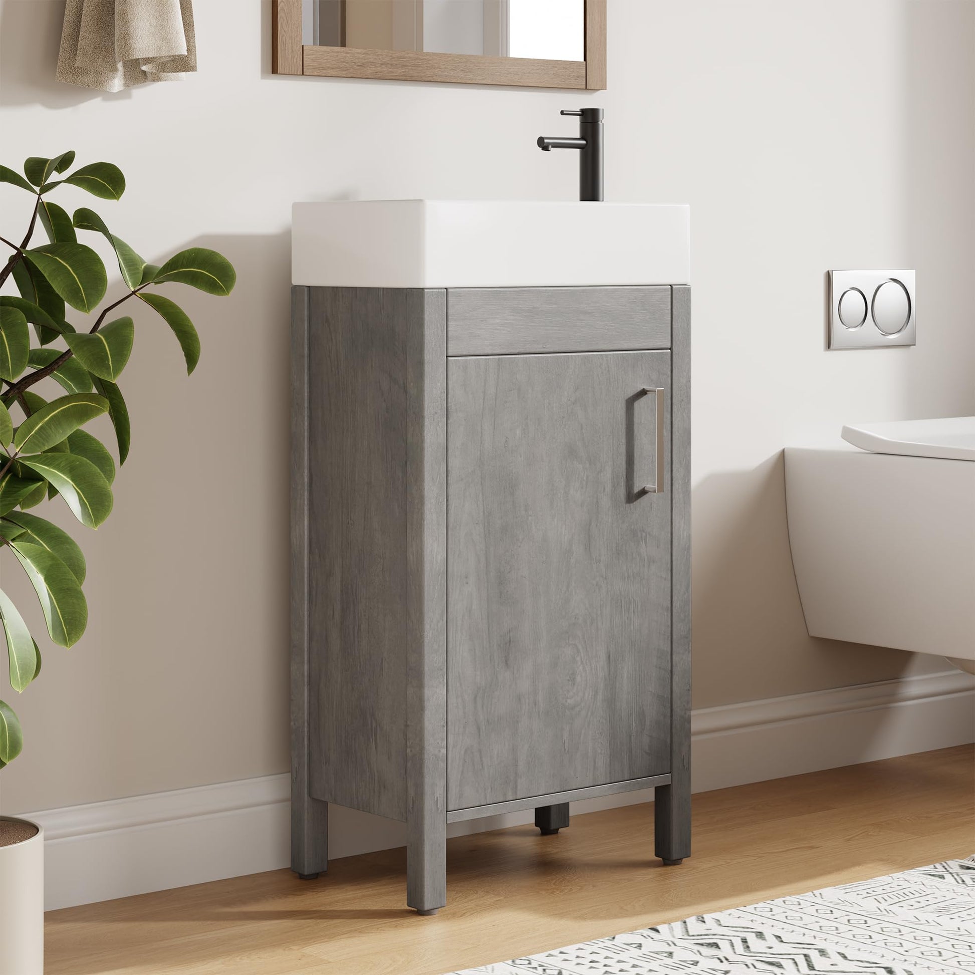 Freestanding 16-inch bathroom vanity with integrated sink in grey